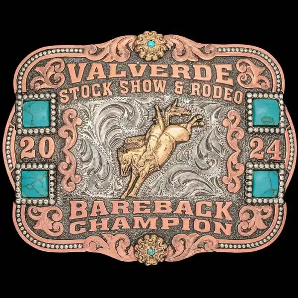 Show your true grit with the detailed Valverde Custom Belt Buckle! Built on with turquoise stones and beautiful copper scrollwork. Customize it now!